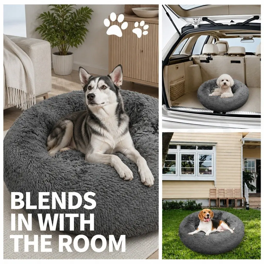 Pet Bed Dark Grey 100cm Round Nest Warm Plush Comfy Sleeping
