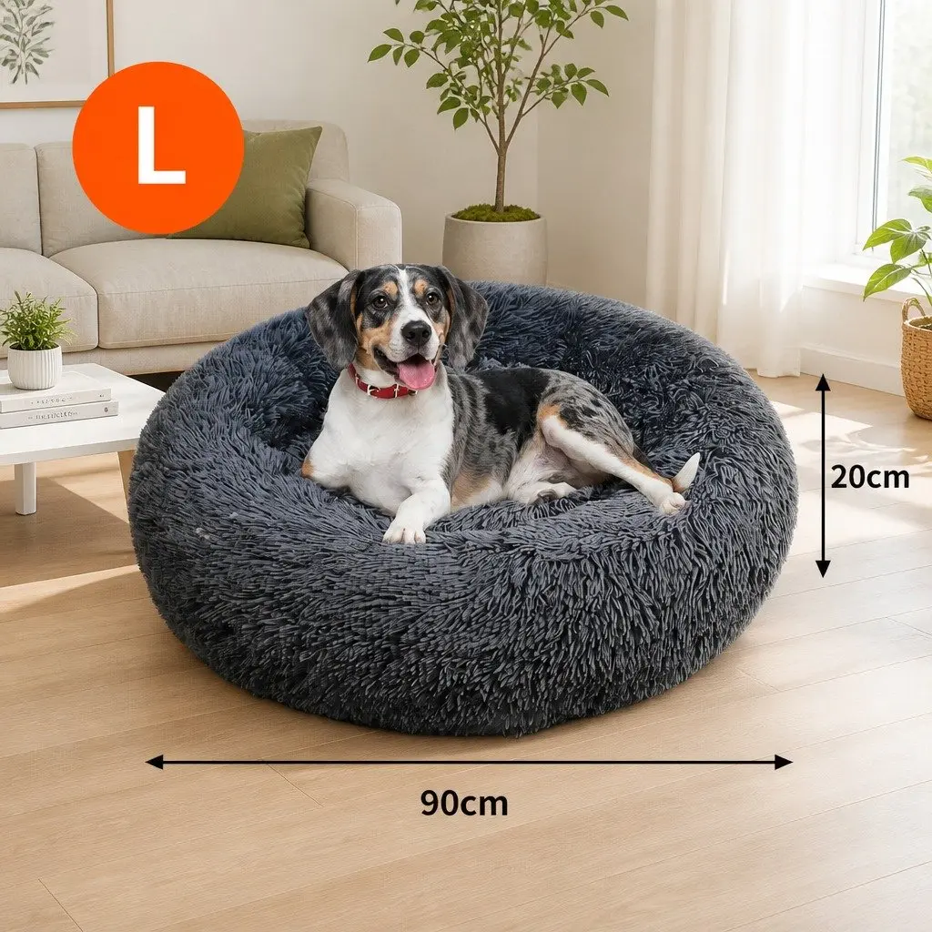 Round Plush Calming Pet Bed Nest Warm Cozy Sleep Dark Grey 90cm Dog Cat