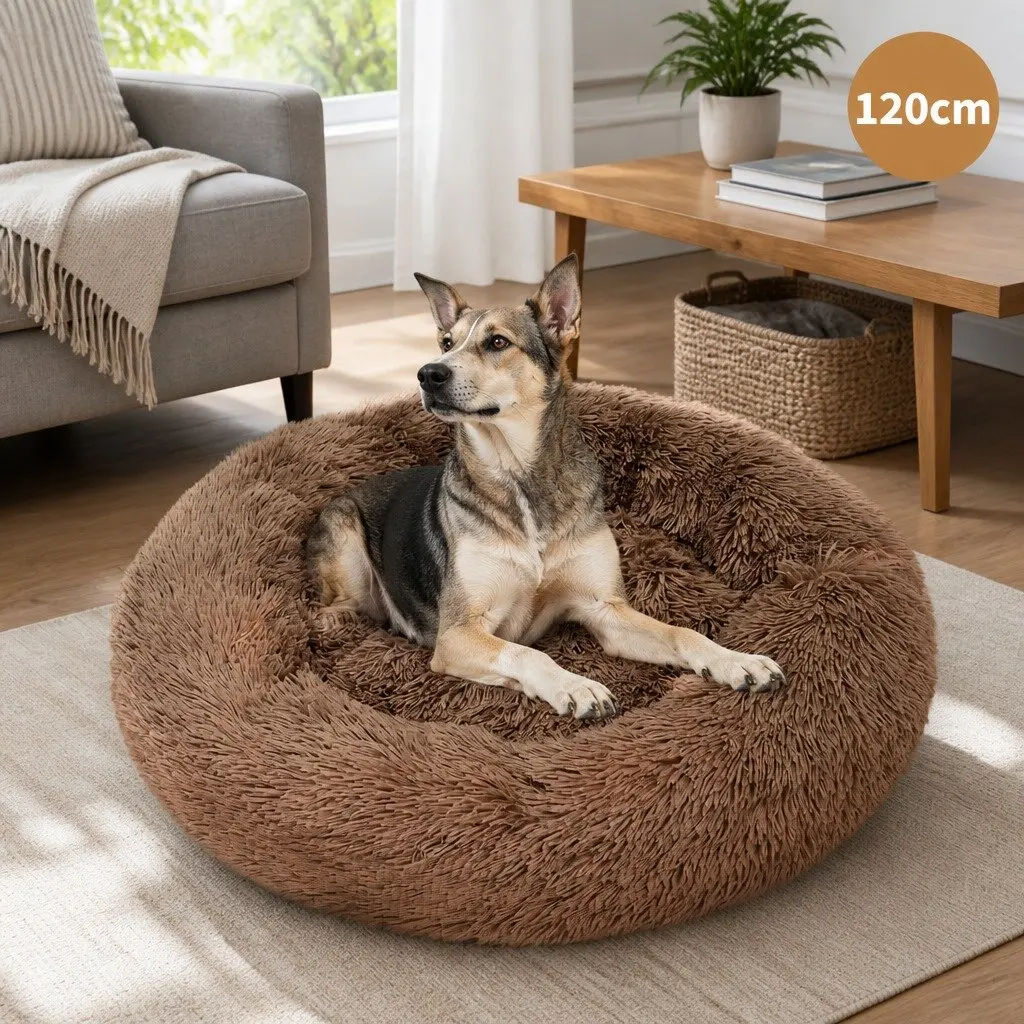 XXL Round Dog Bed Light Coffee 120cm Warm Plush Soft Nest Cushion Non-Slip Base