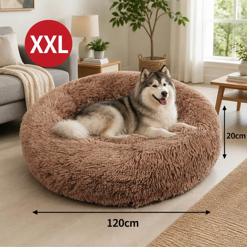 XXL Round Dog Bed Light Coffee 120cm Warm Plush Soft Nest Cushion Non-Slip Base