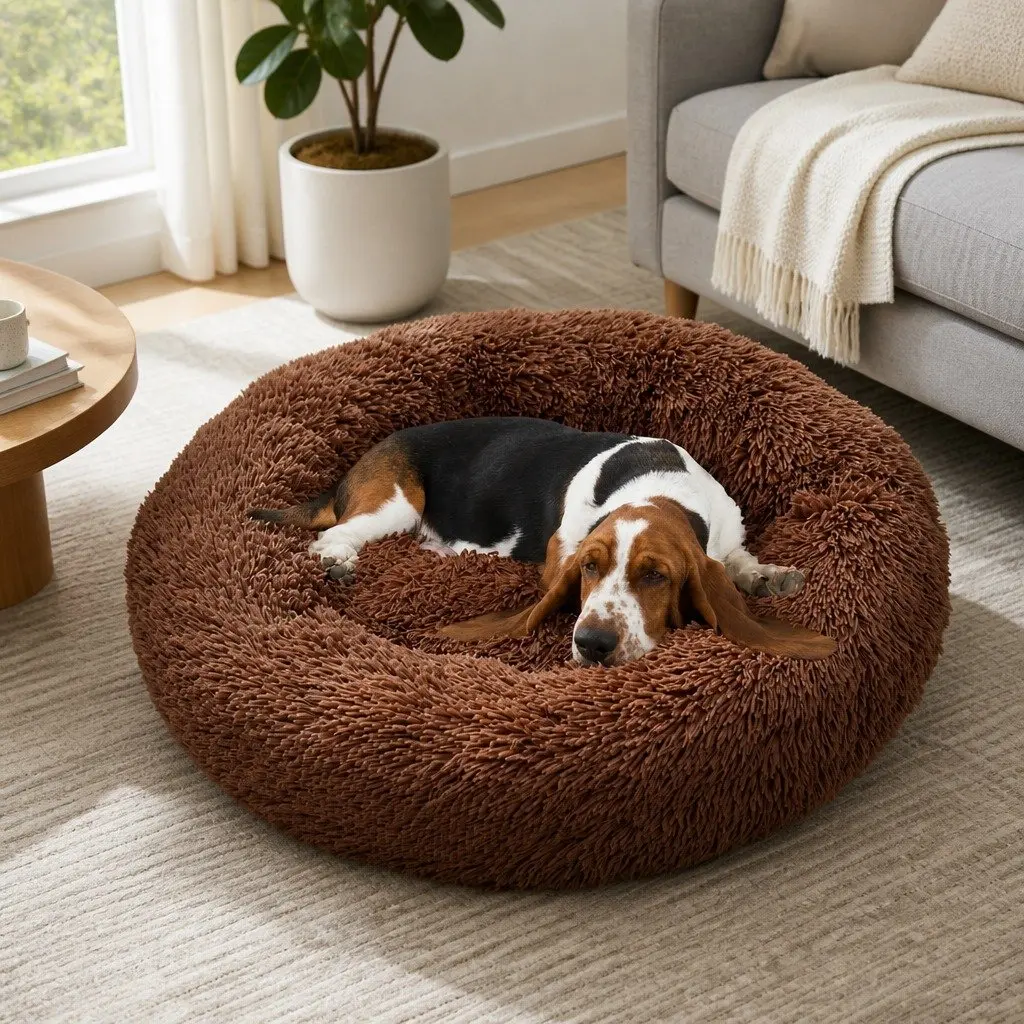 XXL Round Dog Bed Light Coffee 120cm Warm Plush Soft Nest Cushion Non-Slip Base