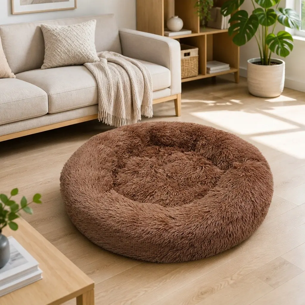 XXL Round Dog Bed Light Coffee 120cm Warm Plush Soft Nest Cushion Non-Slip Base
