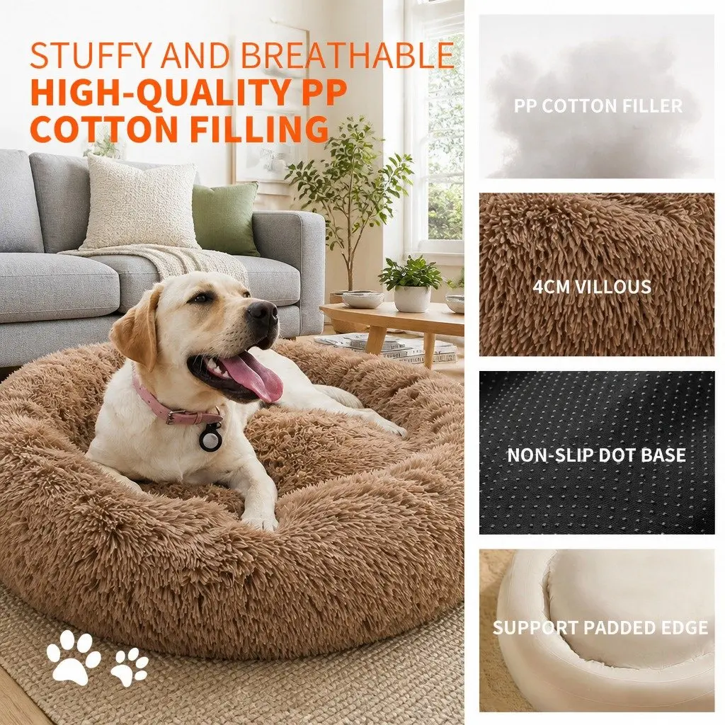 XXL Round Dog Bed Light Coffee 120cm Warm Plush Soft Nest Cushion Non-Slip Base