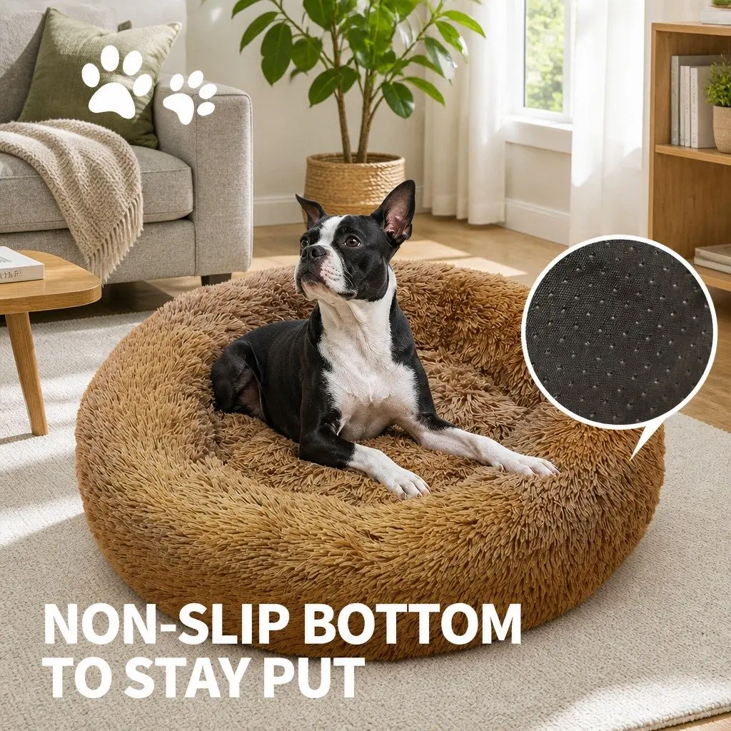 XXL Round Dog Bed Light Coffee 120cm Warm Plush Soft Nest Cushion Non-Slip Base