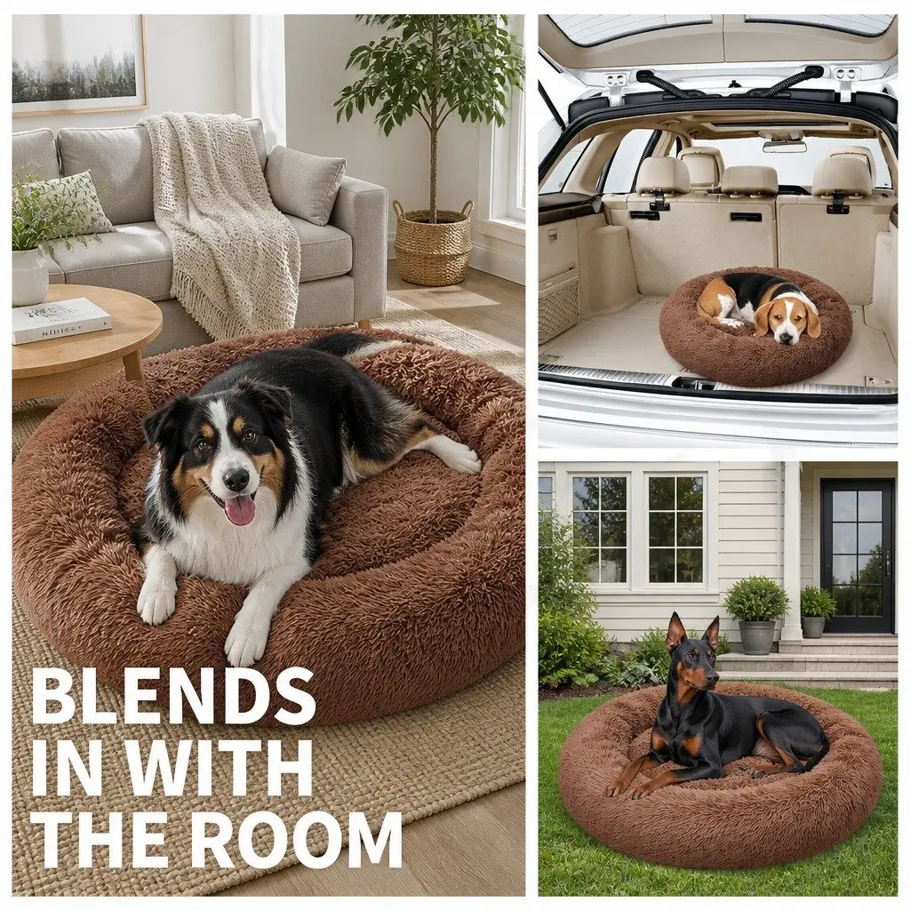 XXL Round Dog Bed Light Coffee 120cm Warm Plush Soft Nest Cushion Non-Slip Base
