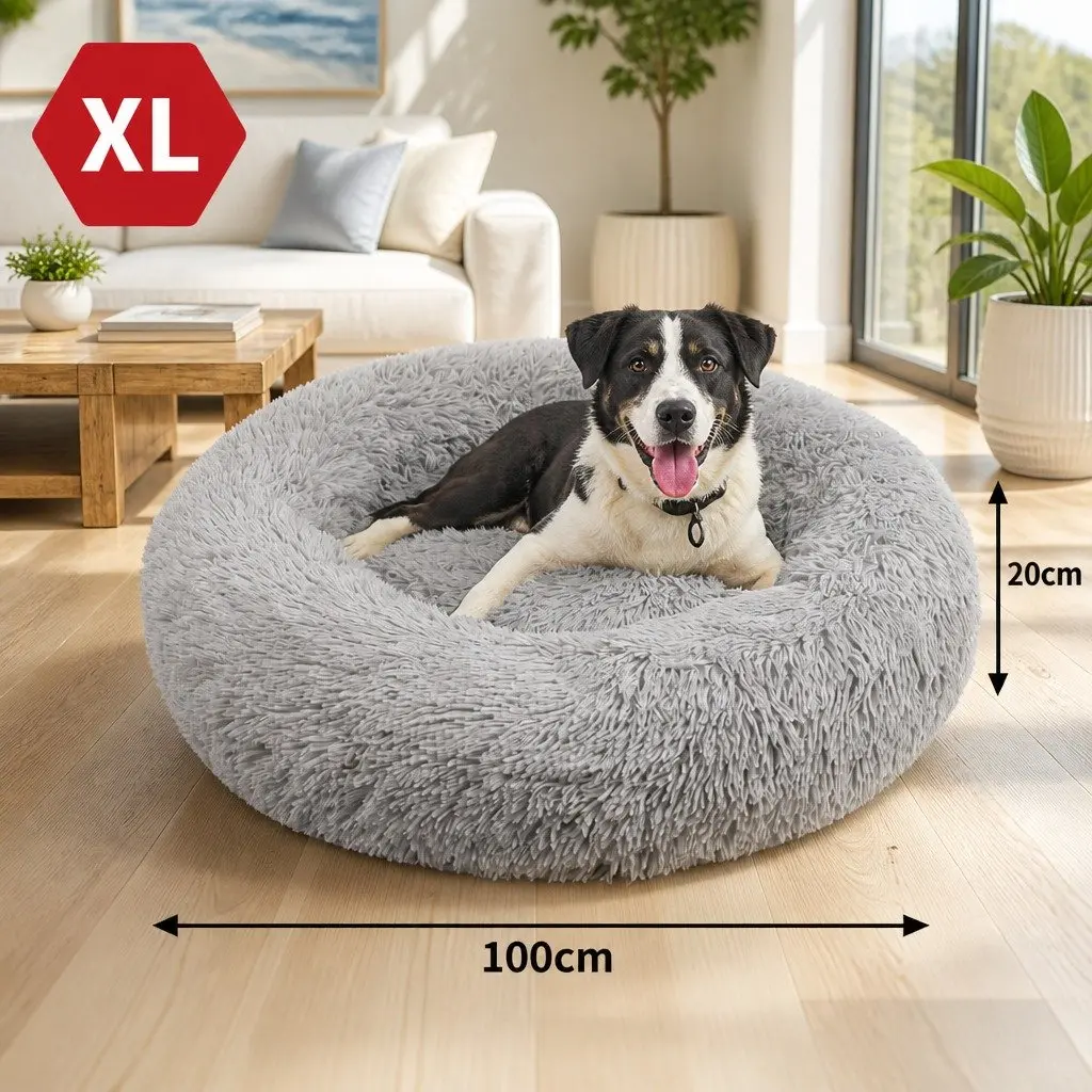 XL Round Dog Bed Light Grey 100cm Warm Plush Comfort Kennel