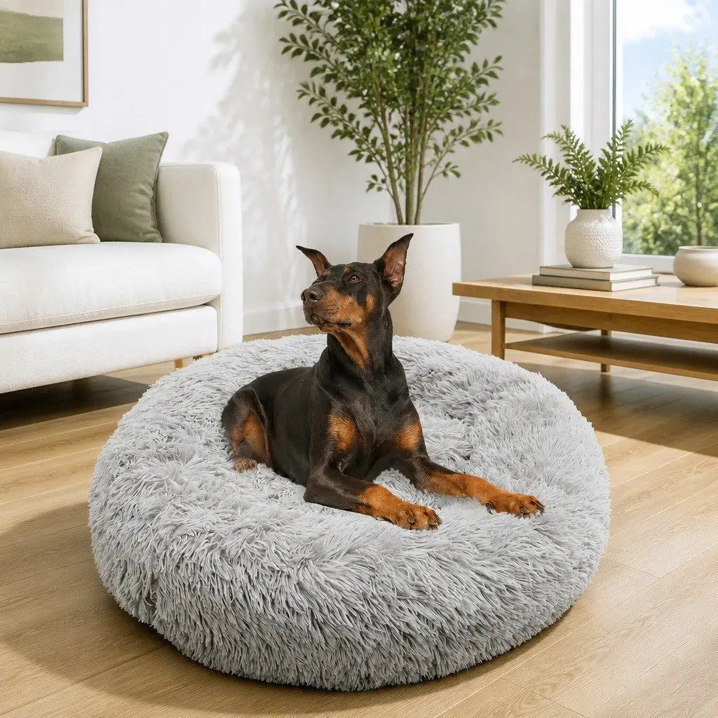 XL Round Dog Bed Light Grey 100cm Warm Plush Comfort Kennel