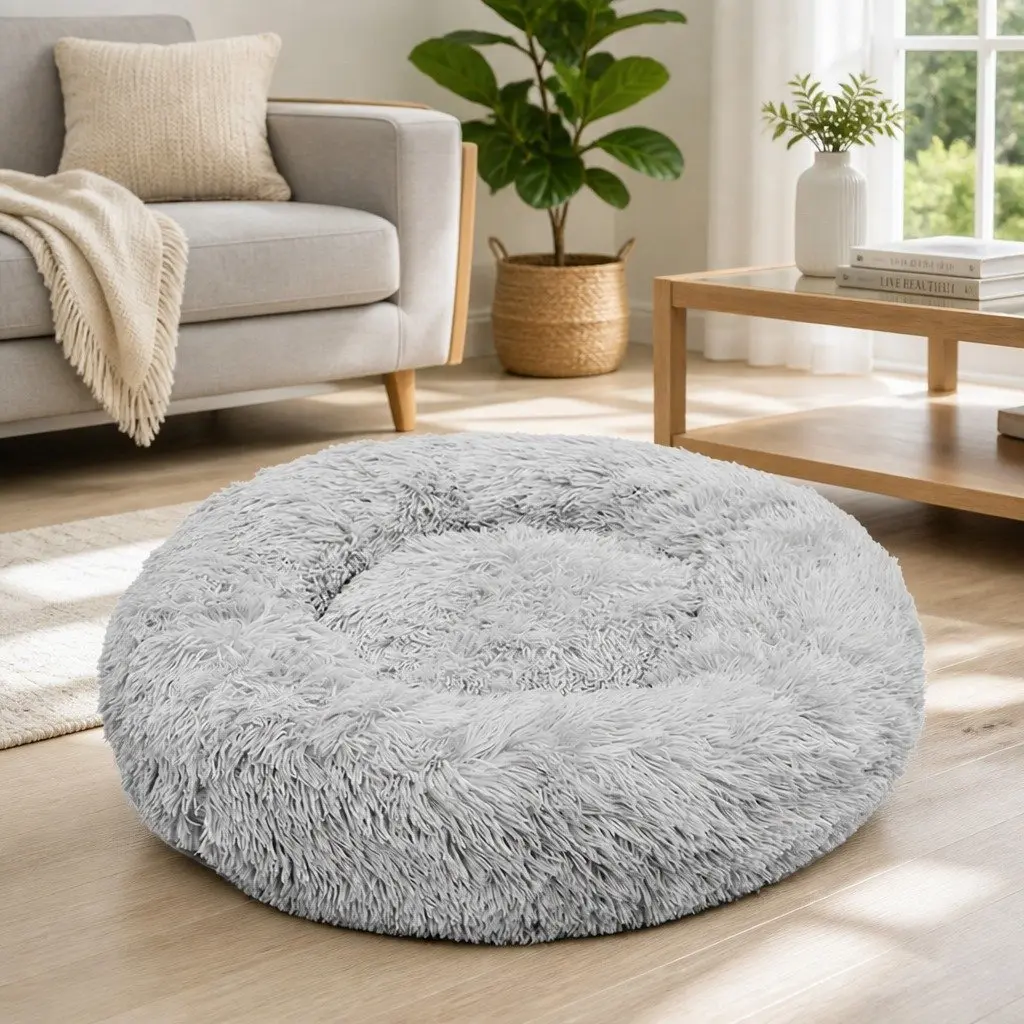 XL Round Dog Bed Light Grey 100cm Warm Plush Comfort Kennel