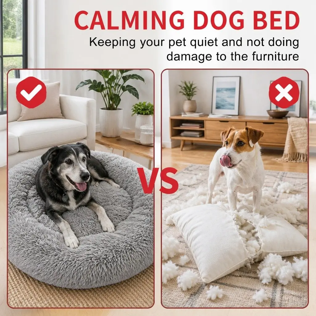 XL Round Dog Bed Light Grey 100cm Warm Plush Comfort Kennel