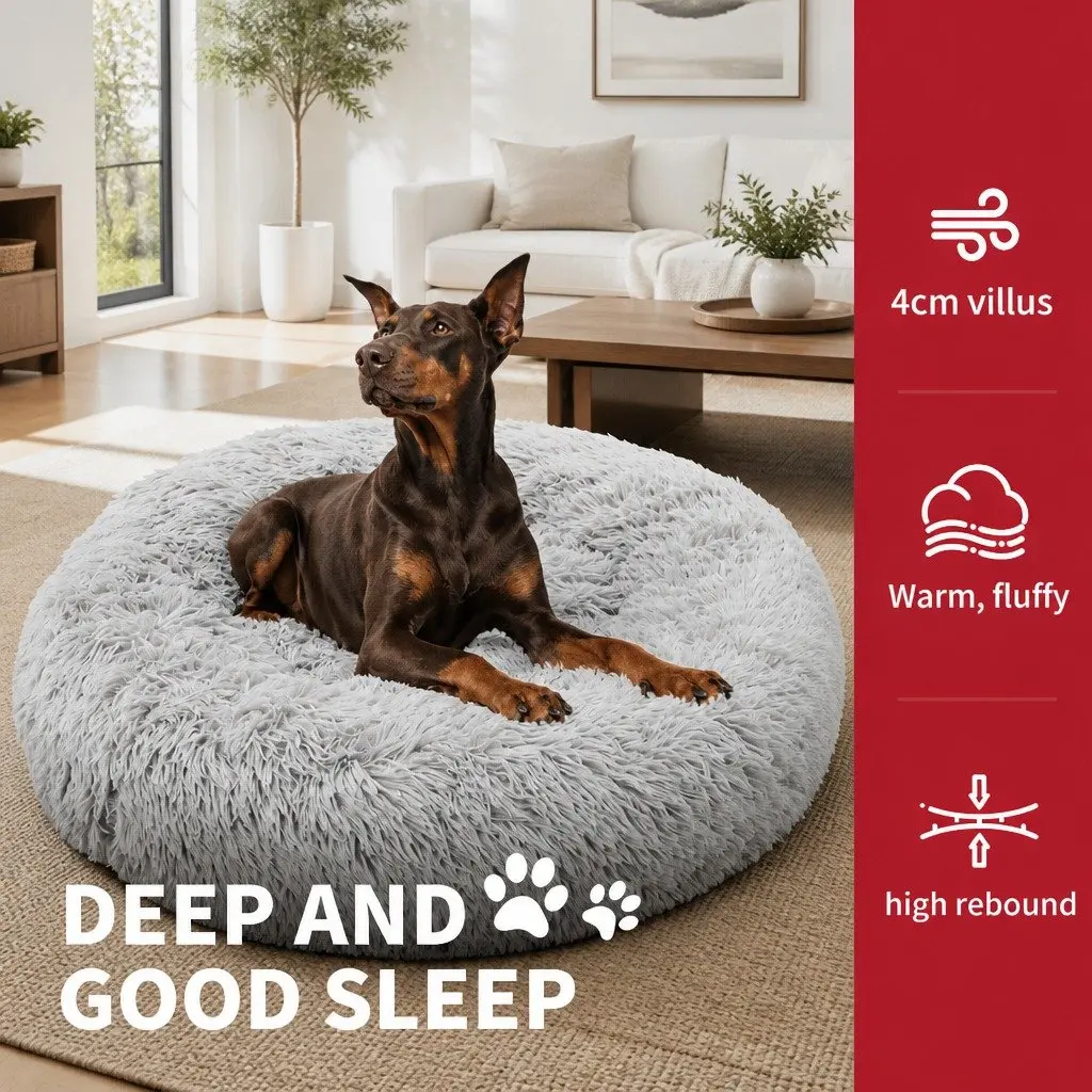 XL Round Dog Bed Light Grey 100cm Warm Plush Comfort Kennel