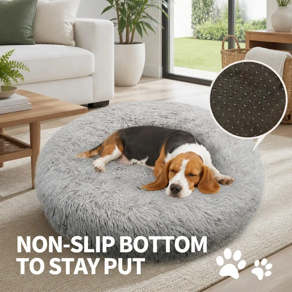 XL Round Dog Bed Light Grey 100cm Warm Plush Comfort Kennel