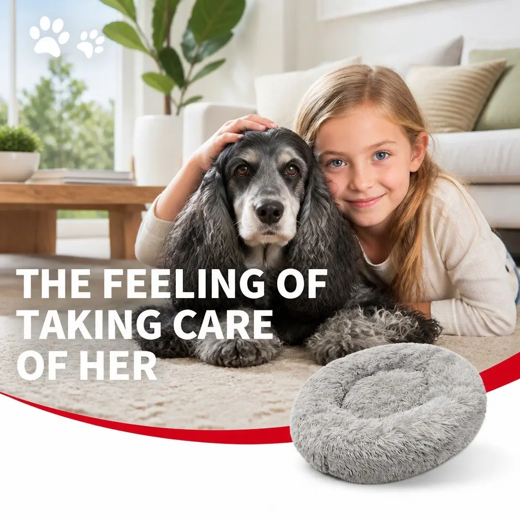 XL Round Dog Bed Light Grey 100cm Warm Plush Comfort Kennel