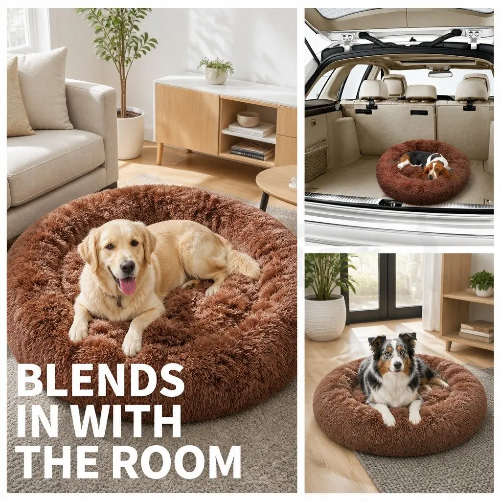 Dog Bed Brown M 70cm Round Plush Nest Warm Sleeping Kennel Non-slip Base