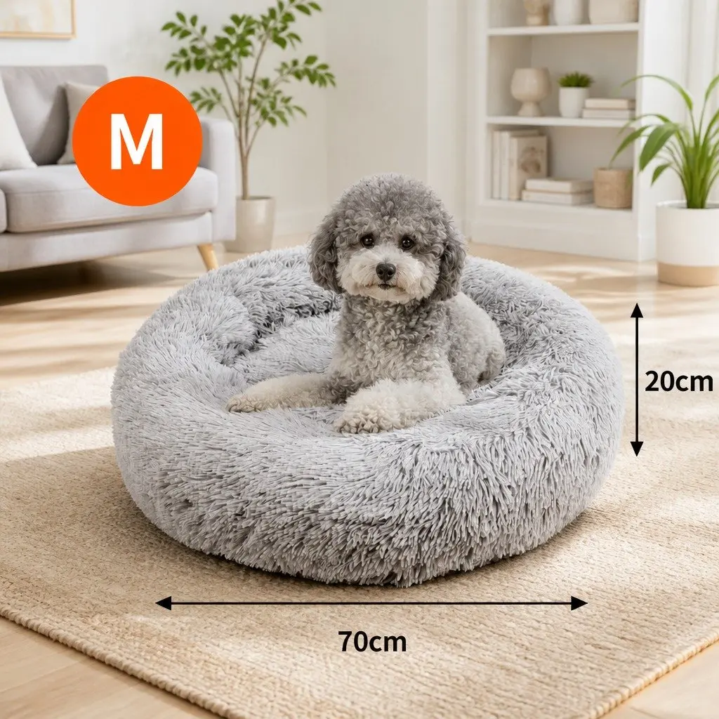 Round Dog Bed Warm Plush Nest Pet Bedding Comfortable M 70cm Light Grey