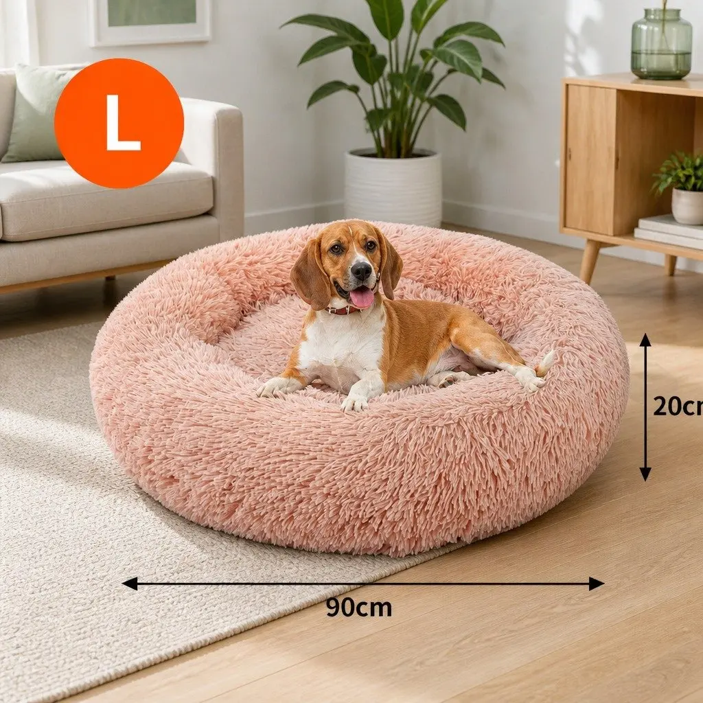 Dog Bed Pink 90cm Round Plush Nest Comfy Non-slip Base