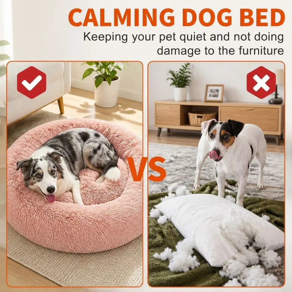 Dog Bed Pink 90cm Round Plush Nest Comfy Non-slip Base