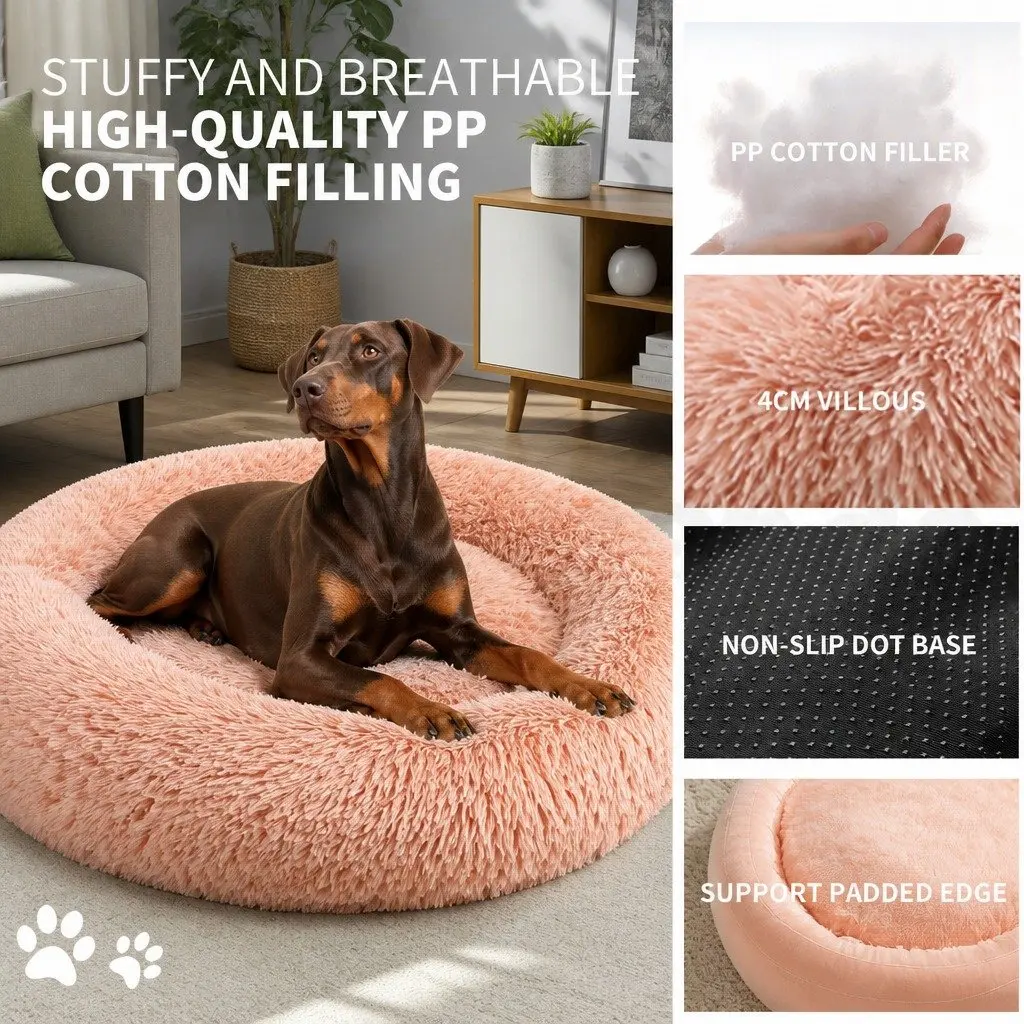 Dog Bed Pink 90cm Round Plush Nest Comfy Non-slip Base