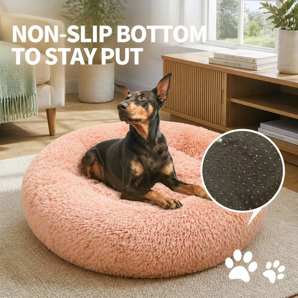 Dog Bed Pink 90cm Round Plush Nest Comfy Non-slip Base