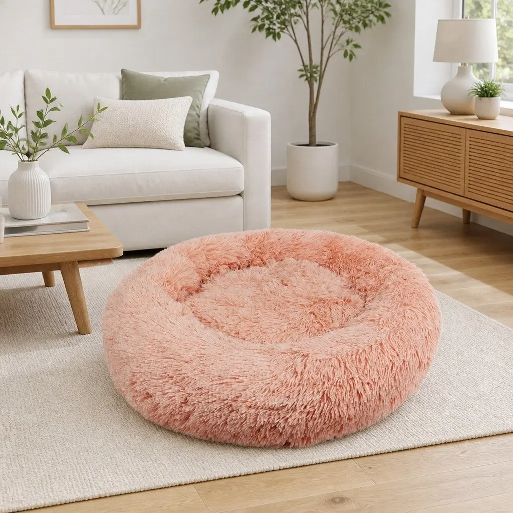 Round Pet Dog Bed Warm Plush Nest Comfortable Sleep Kennel M 70cm Pink