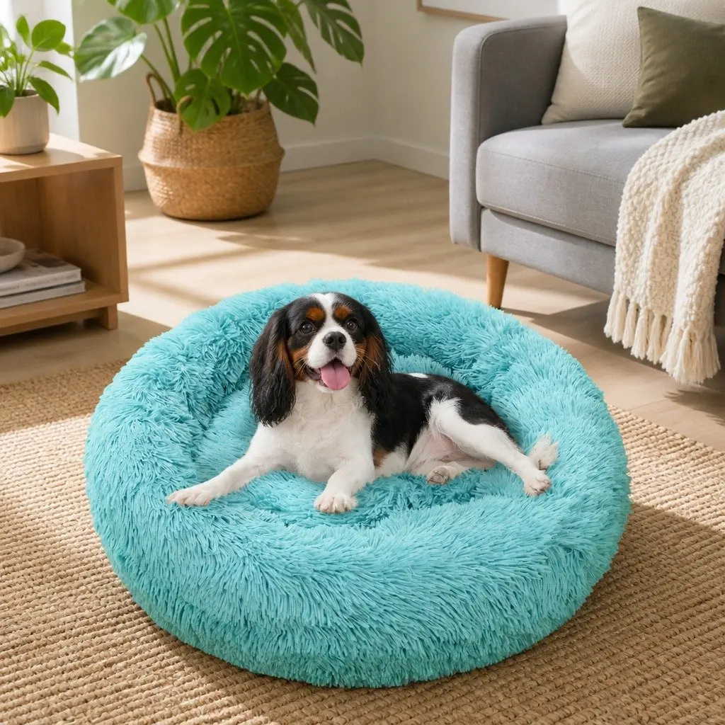 Dog Bed Teal 120cm Plush Warm Nest Comfy Sleep Kennel Cushion