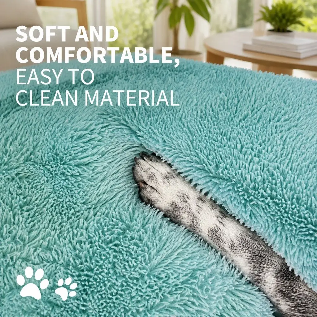 Dog Bed Teal Large Round Nest Plush Warm Sleeping Mat Non-slip Base