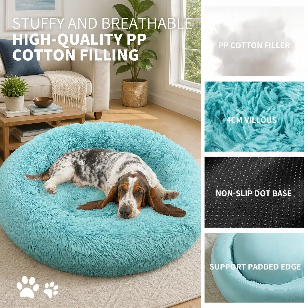 Dog Bed Teal Large Round Nest Plush Warm Sleeping Mat Non-slip Base