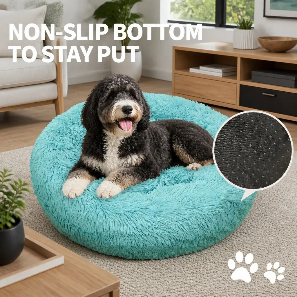Dog Bed Teal Large Round Nest Plush Warm Sleeping Mat Non-slip Base