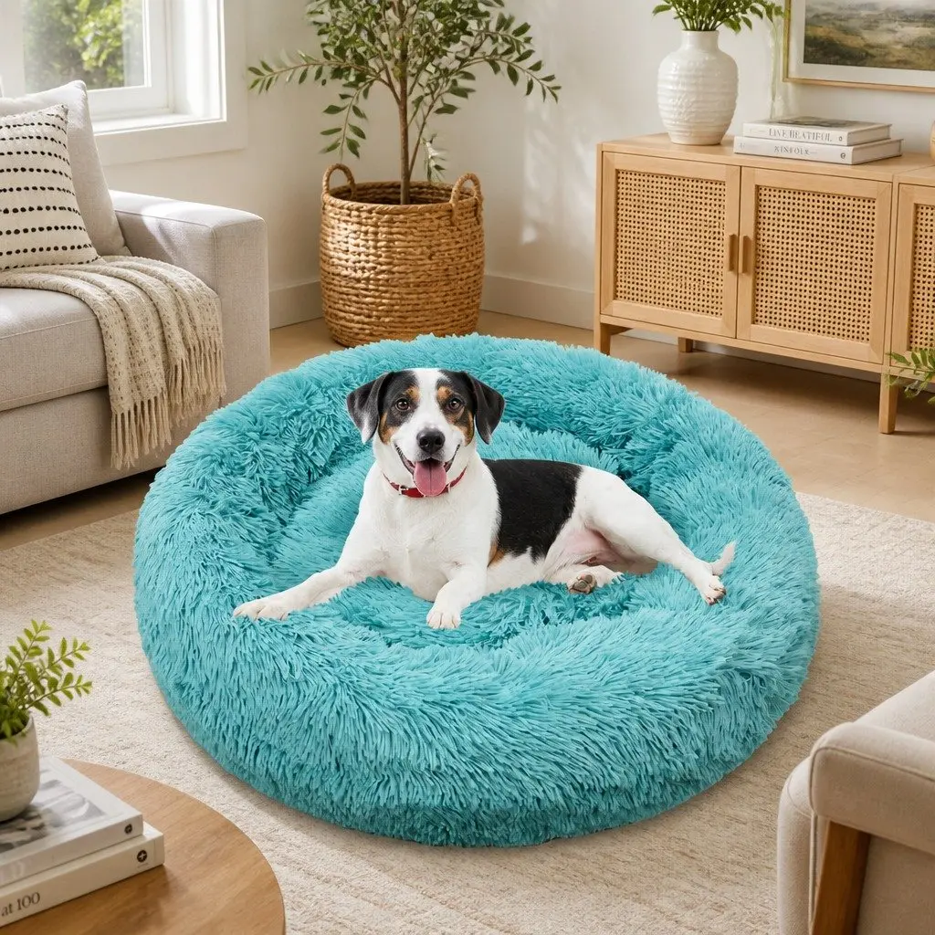 Round Pet Dog Bed Plush Warm Nest Comfortable Sleeping Kennel Medium 70cm Green