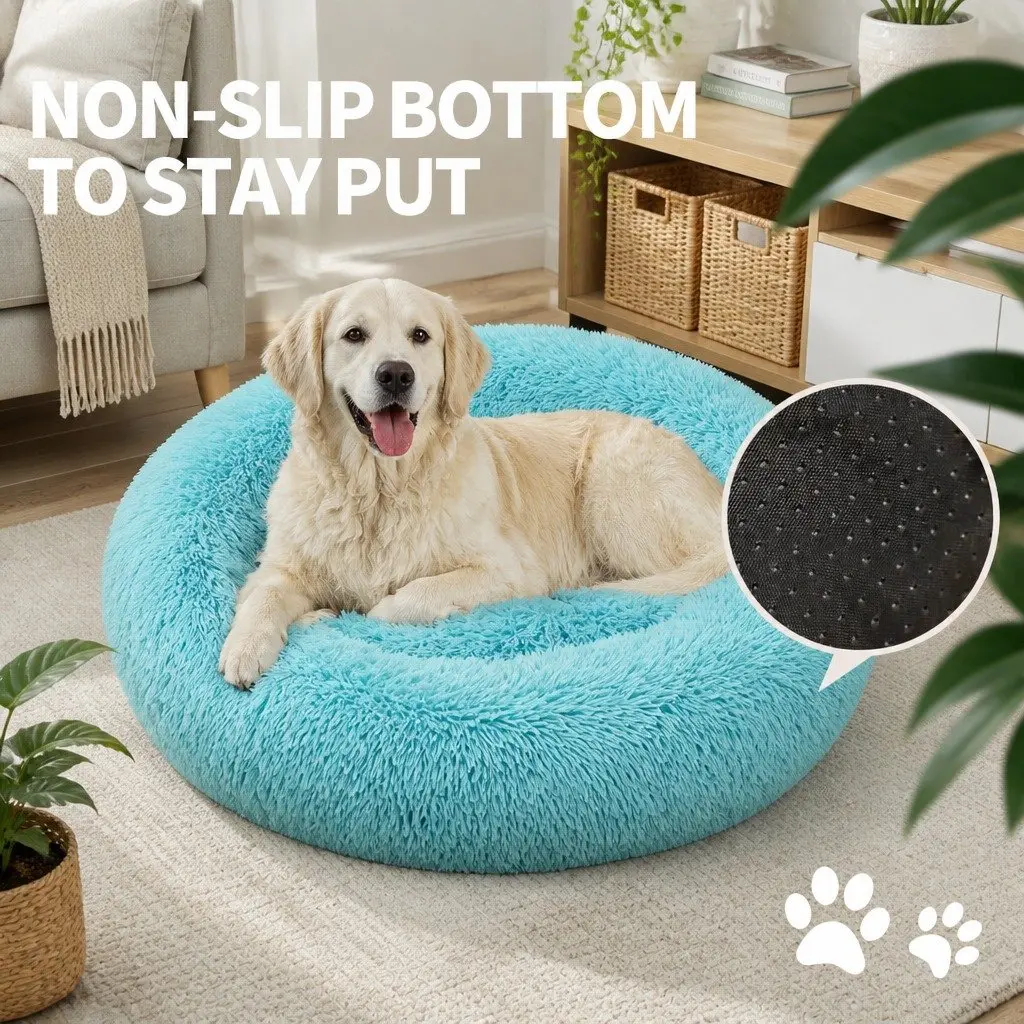 Round Pet Dog Bed Plush Warm Nest Comfortable Sleeping Kennel Medium 70cm Green