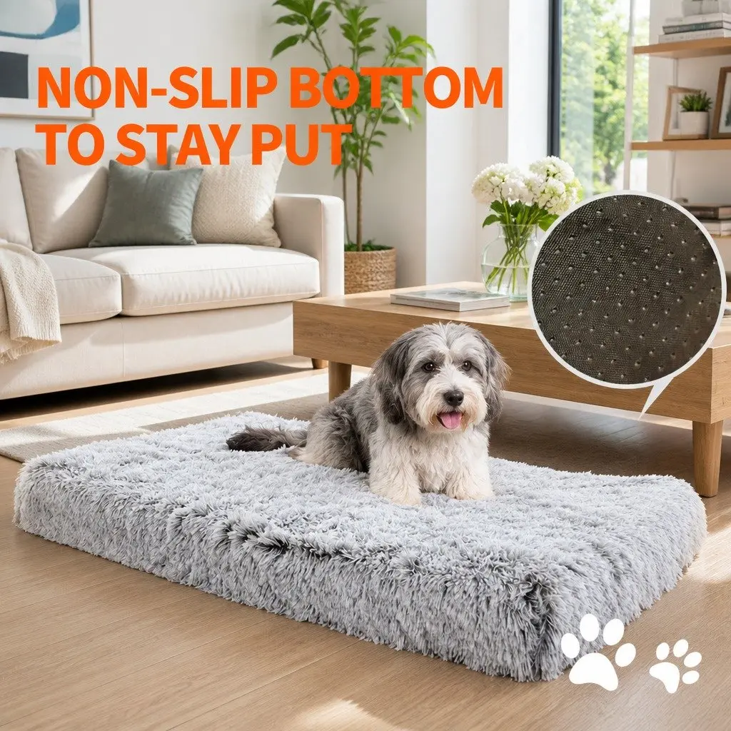 Pet Bed Grey L Soft Plush Washable Non-Slip Bottom