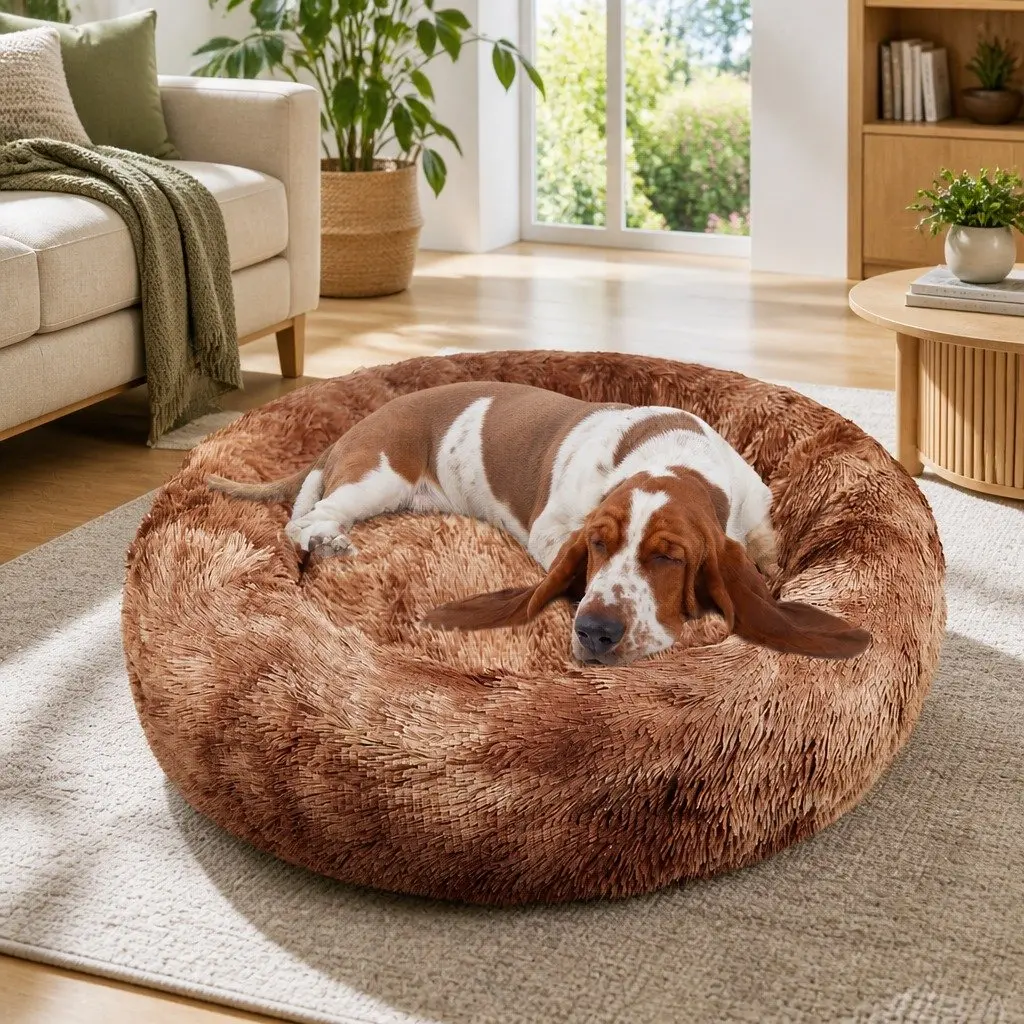 Pet Bed Brown Round 100cm Soft Plush Removable Washable