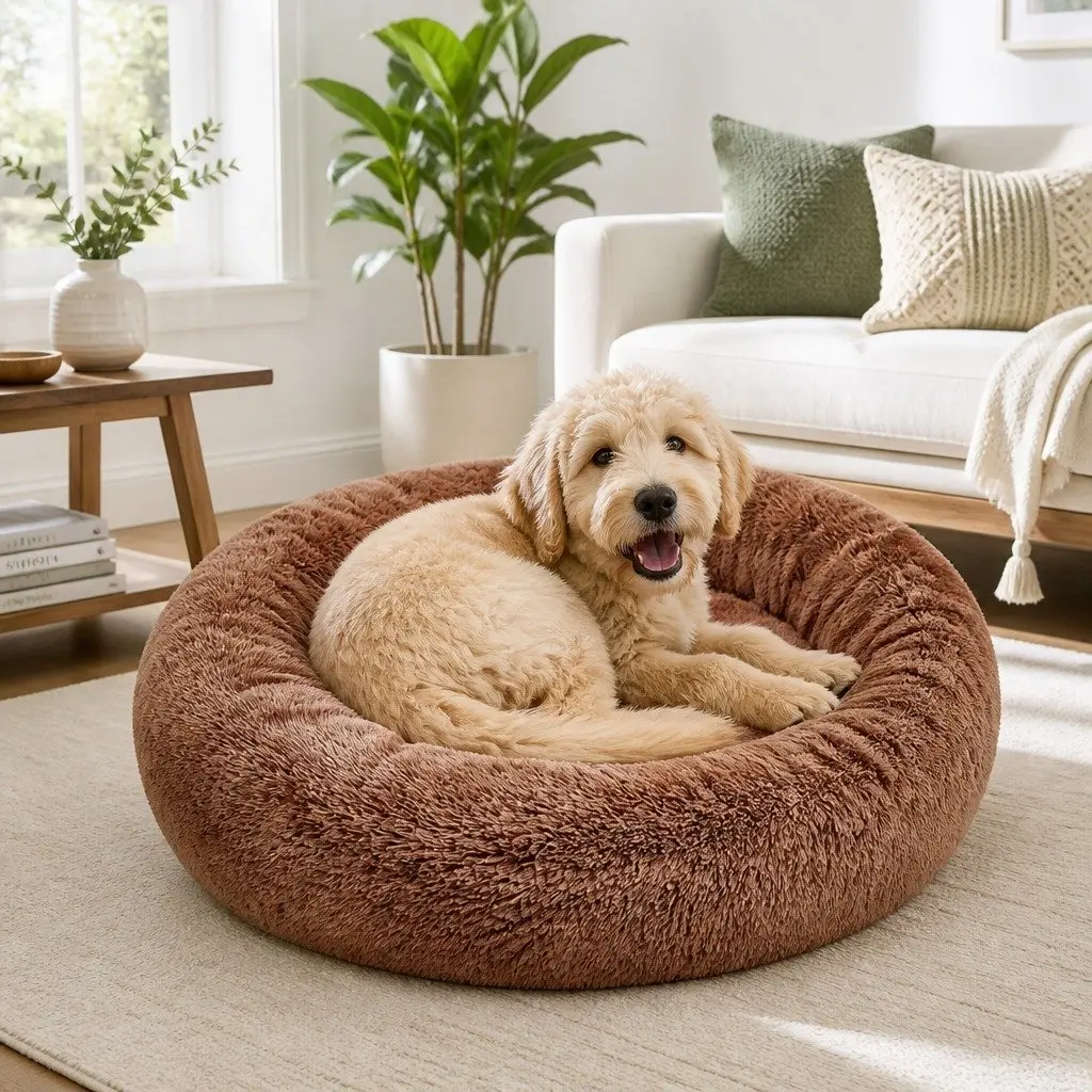 Pet Bed Brown Round 100cm Soft Plush Removable Washable