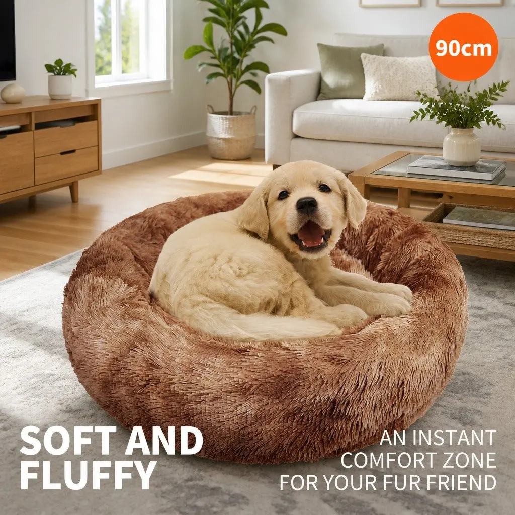 Pet Bed Brown Round 90cm Soft Plush Non-Toxic Sleeping Cave Kennel for Dogs Cats
