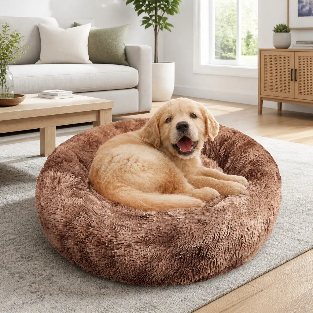 Pet Bed Brown Round 90cm Soft Plush Non-Toxic Sleeping Cave Kennel for Dogs Cats