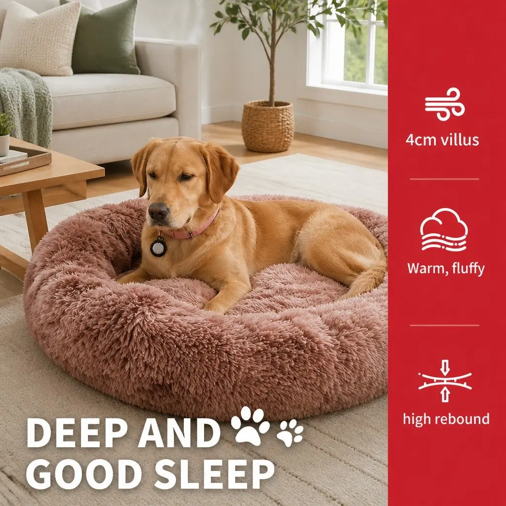 Pet Bed Brown Round 90cm Soft Plush Non-Toxic Sleeping Cave Kennel for Dogs Cats