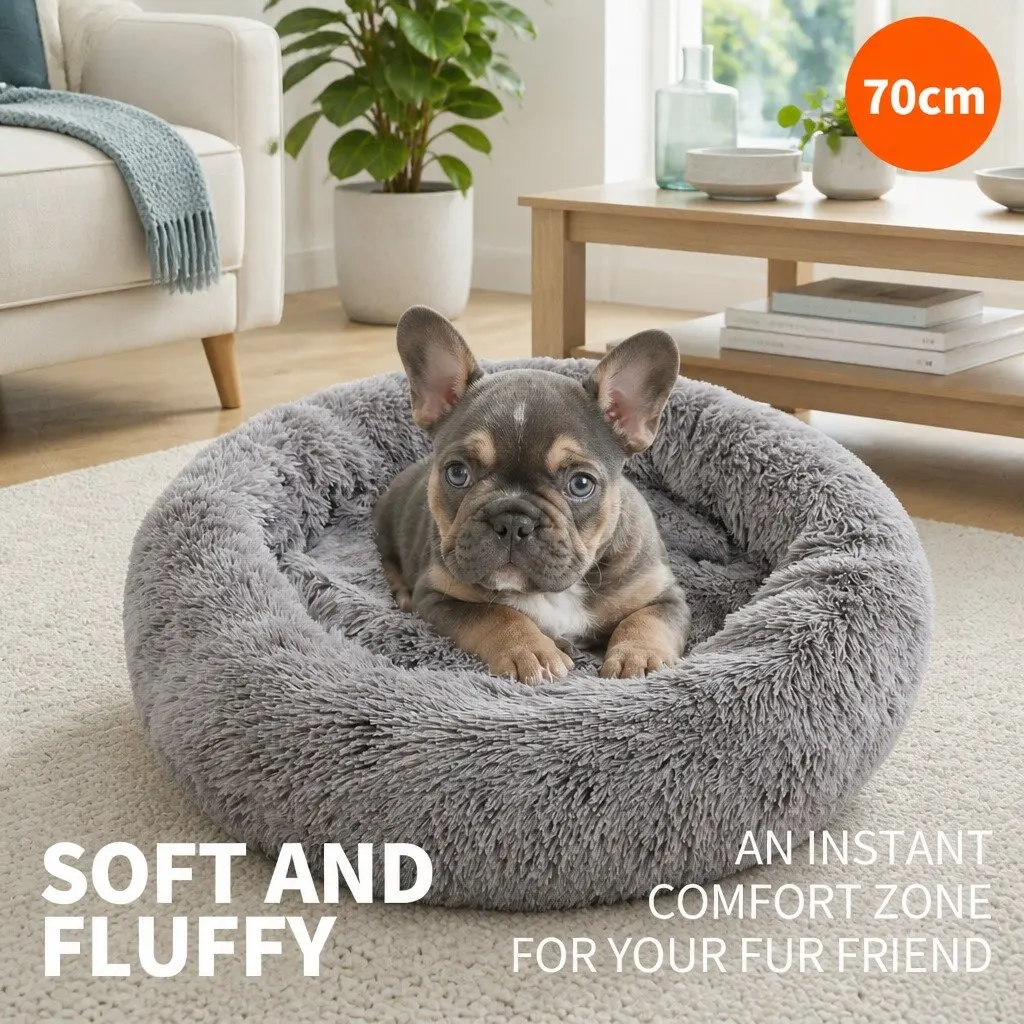 Pet Bed Dark Grey Round 70cm Soft Plush Calming Sleeping Nest with Washable Zipper Cover