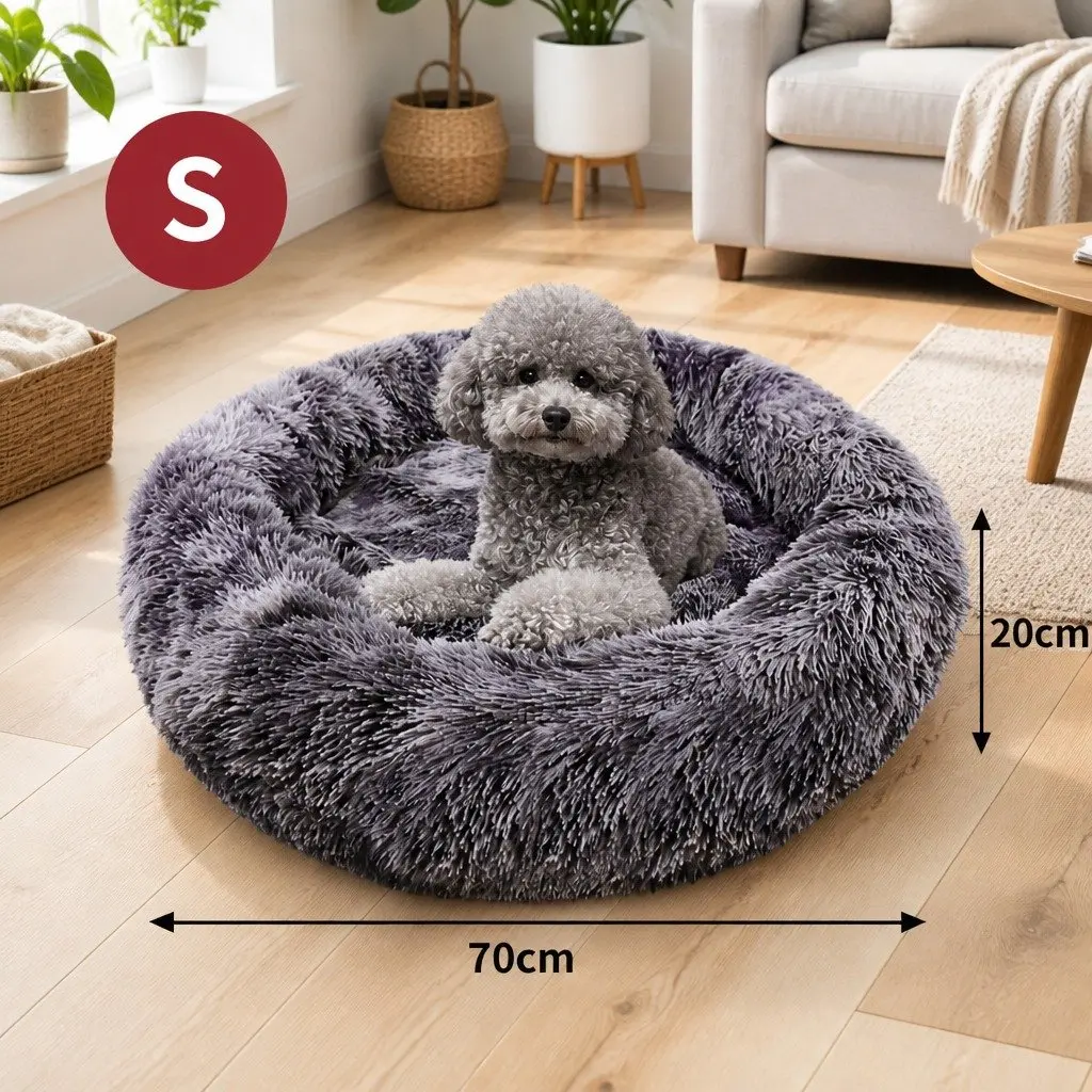 Pet Bed Dark Grey Round 70cm Soft Plush Calming Sleeping Nest with Washable Zipper Cover