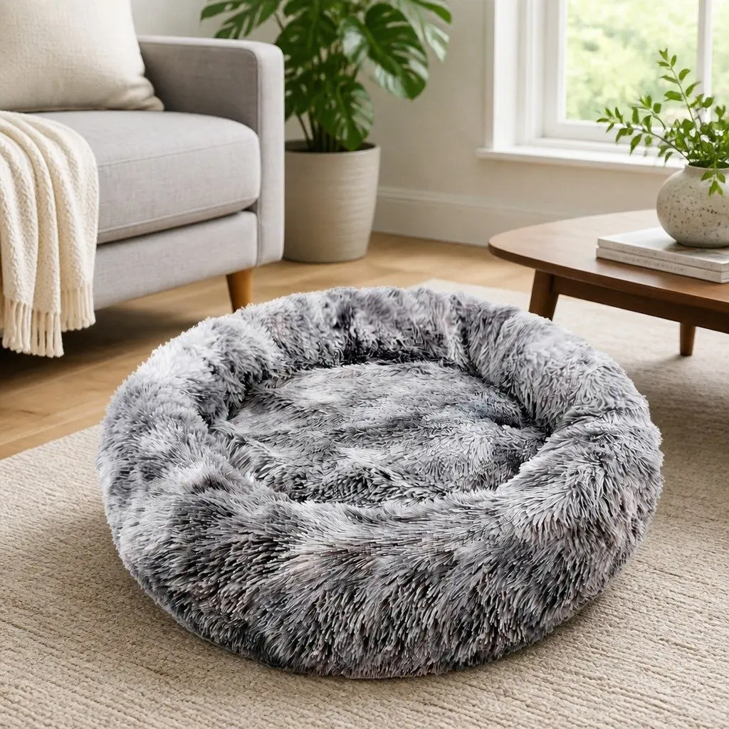 Pet Bed Dark Grey Round 70cm Soft Plush Calming Sleeping Nest with Washable Zipper Cover