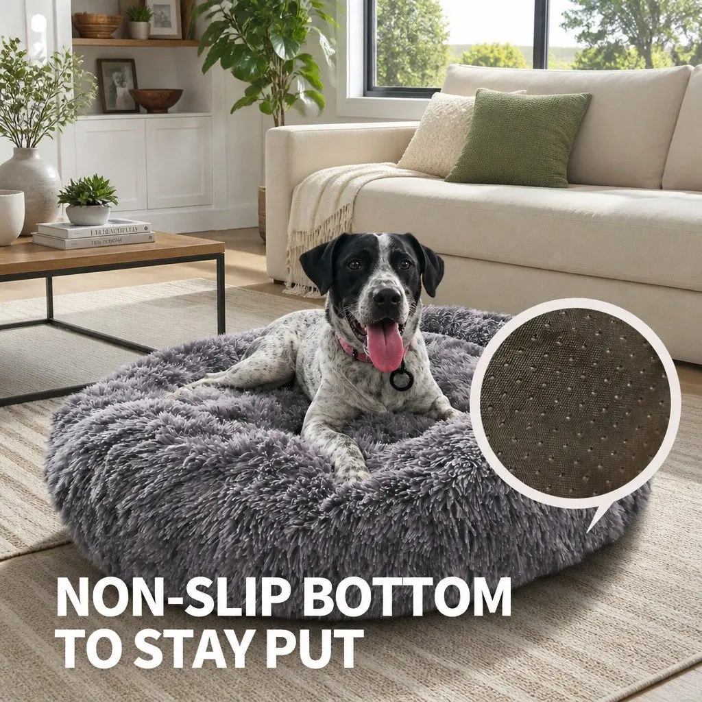 Pet Bed Dark Grey Round 70cm Soft Plush Calming Sleeping Nest with Washable Zipper Cover