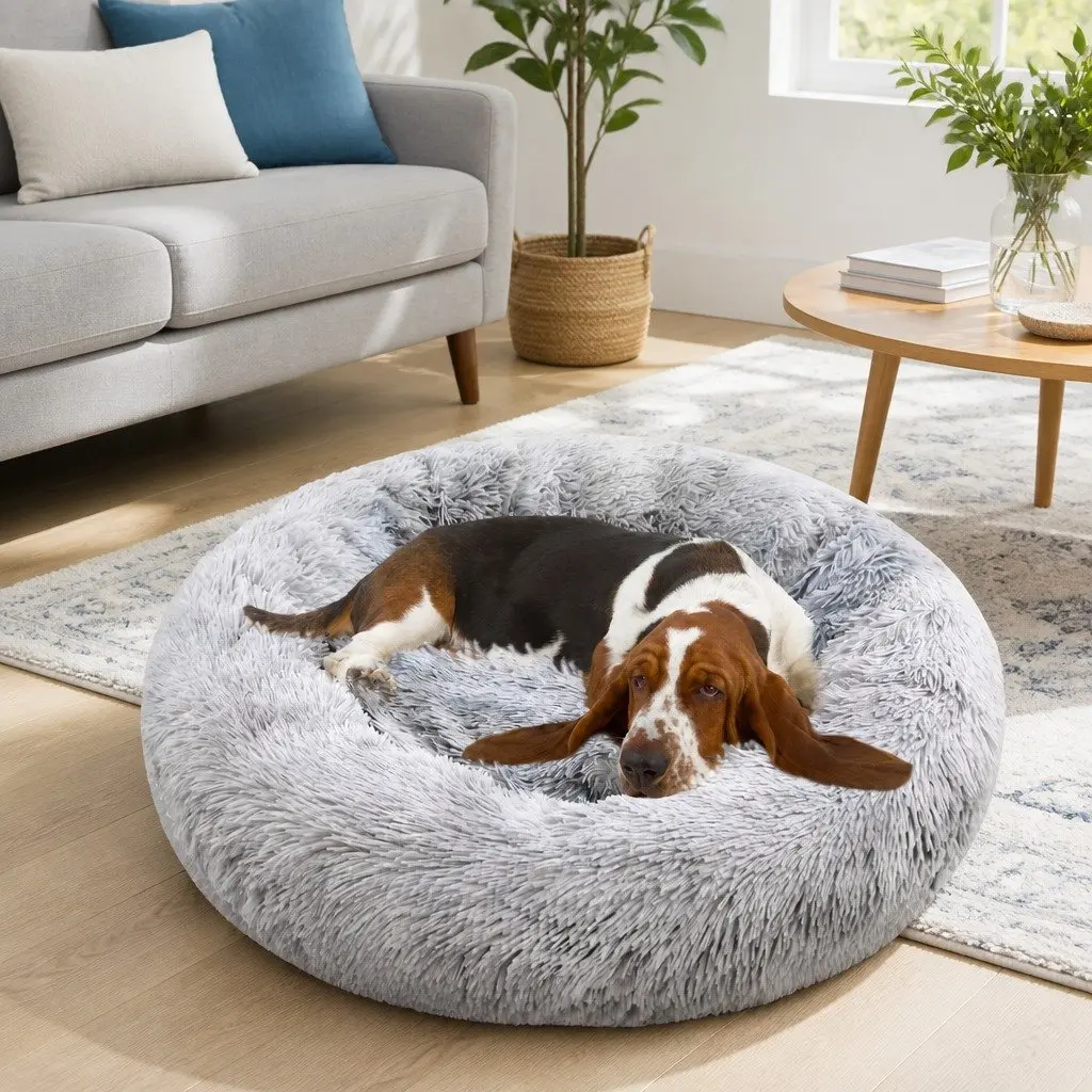 Pet Bed Light Gray Round 100cm Soft Plush Washable Non-slip Base Warm Sleeping Mat