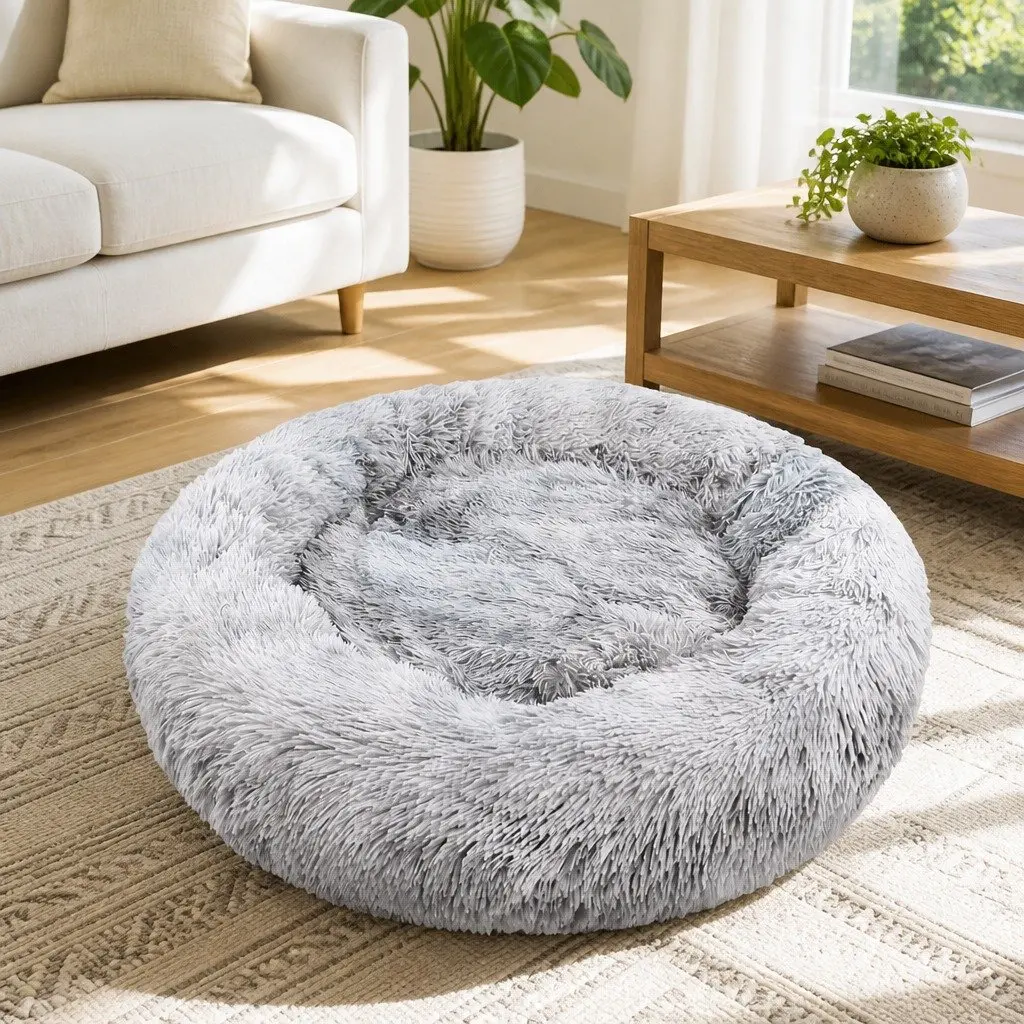 Pet Bed Light Gray Round 100cm Soft Plush Washable Non-slip Base Warm Sleeping Mat