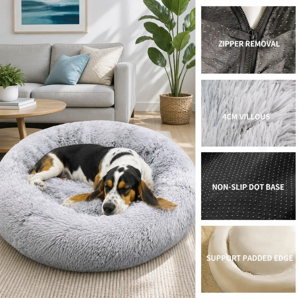 Pet Bed Light Gray Round 100cm Soft Plush Washable Non-slip Base Warm Sleeping Mat