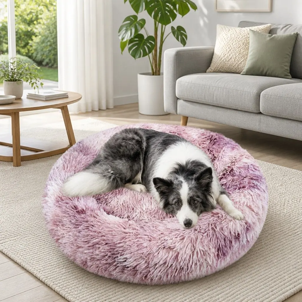 Pet Bed Purple Round 100cm Comfy Sleeping Cave Non-toxic Plush for Dogs Cats