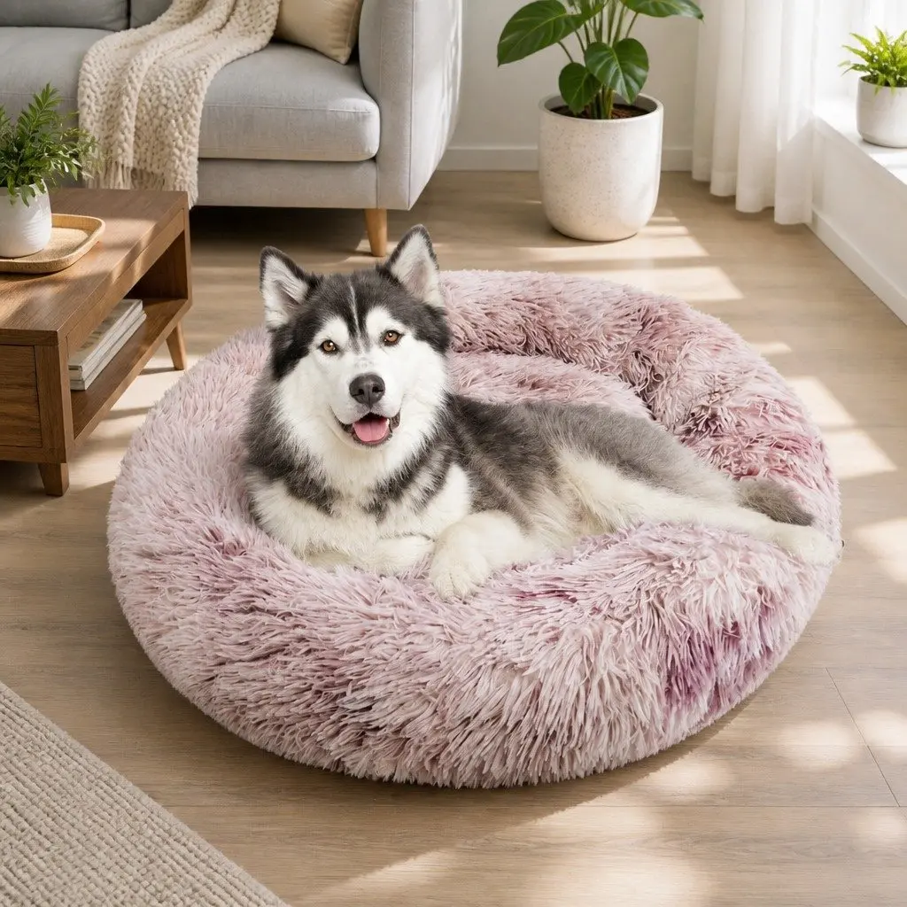 Pet Bed Purple Round 100cm Comfy Sleeping Cave Non-toxic Plush for Dogs Cats