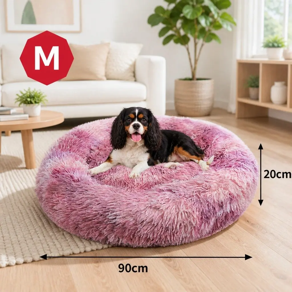 Pet Bed Purple 90cm Round Soft Plush Comfy Sleeping Cave