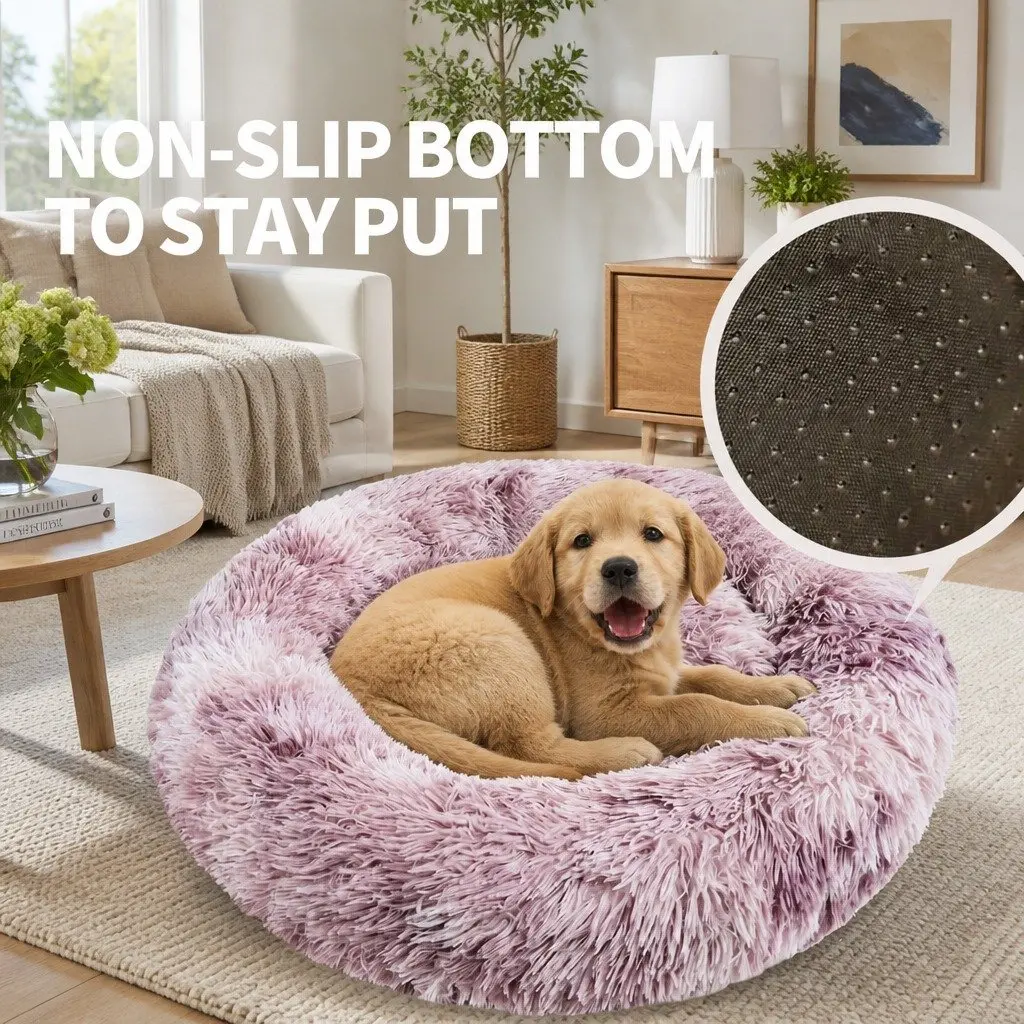 Pet Bed Purple 90cm Round Soft Plush Comfy Sleeping Cave