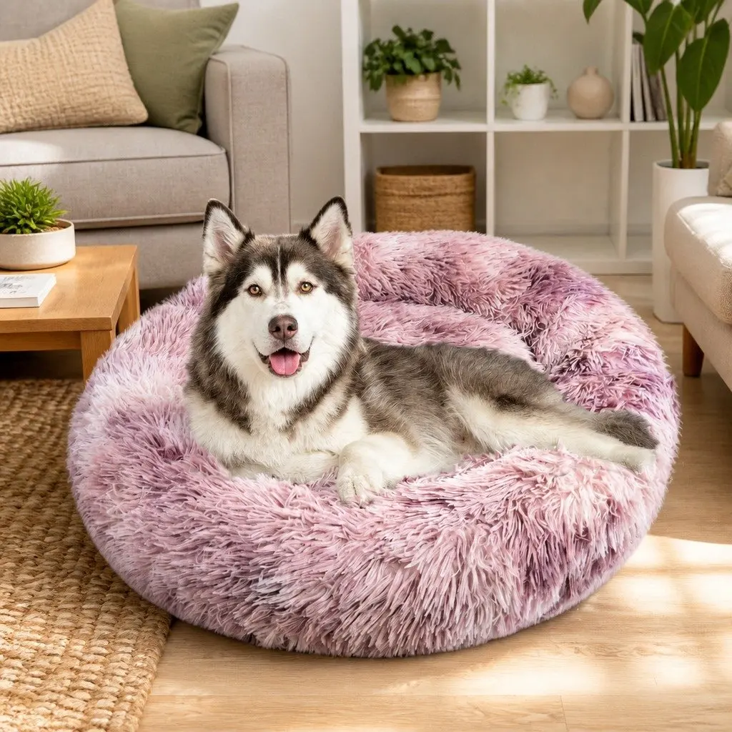 Pet Bed Purple Large Comfy Donut Cushion Non-Toxic Machine-Washable Round Lounger
