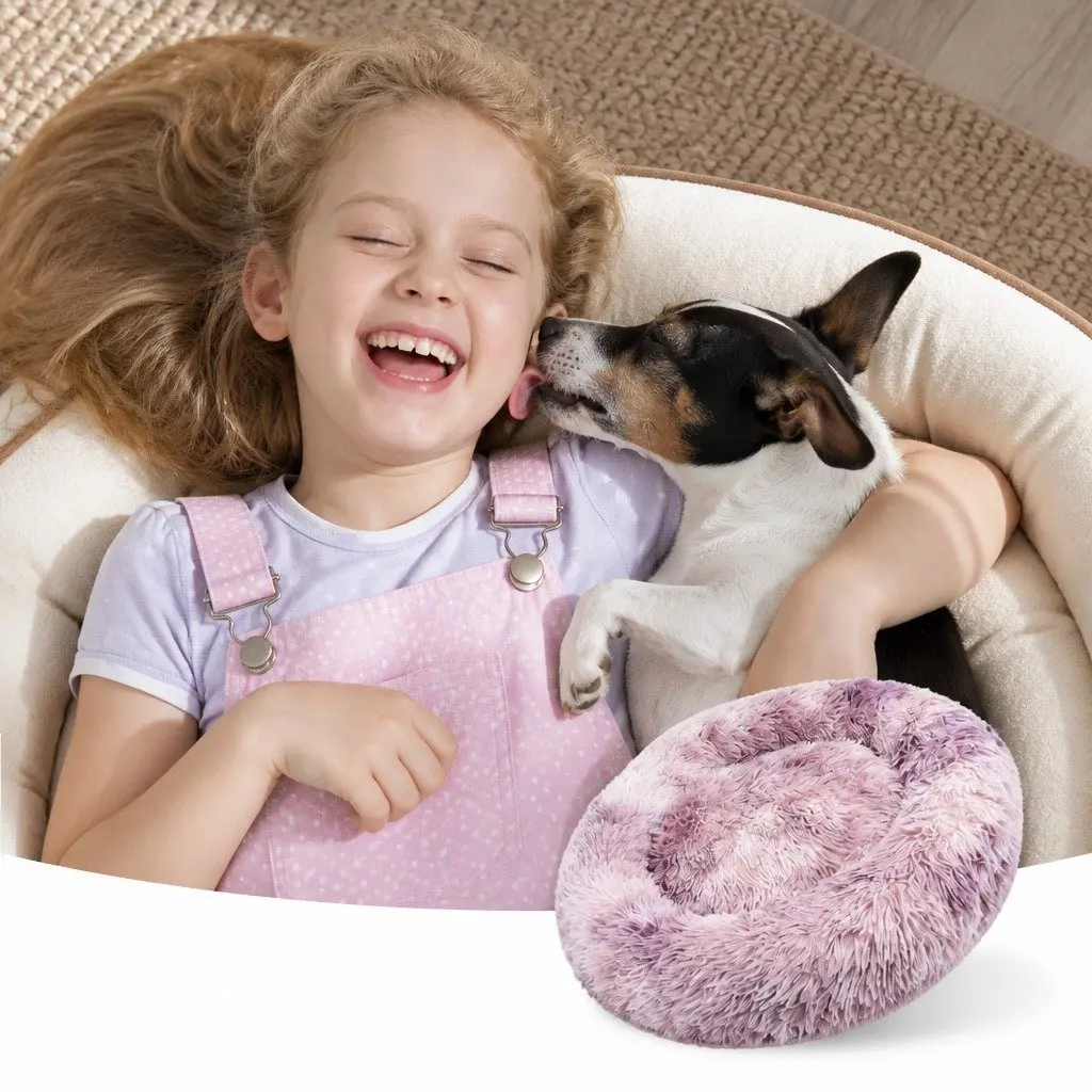 Pet Bed Purple Large Comfy Donut Cushion Non-Toxic Machine-Washable Round Lounger