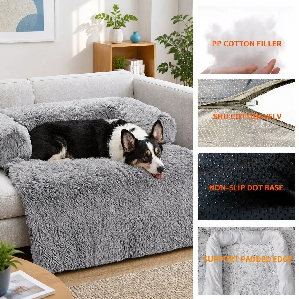 XL Dog Sofa Bed Gradient Brown Plush Mat Calming Cushion with Removable Bolster Non-Slip Waterproof Fabric Bottom