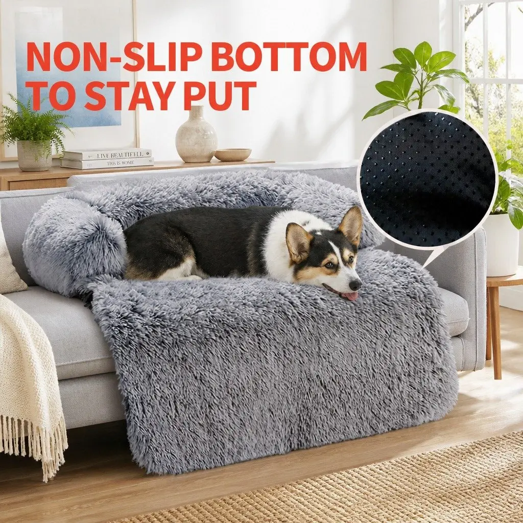 XL Dog Sofa Bed Gradient Brown Plush Mat Calming Cushion with Removable Bolster Non-Slip Waterproof Fabric Bottom